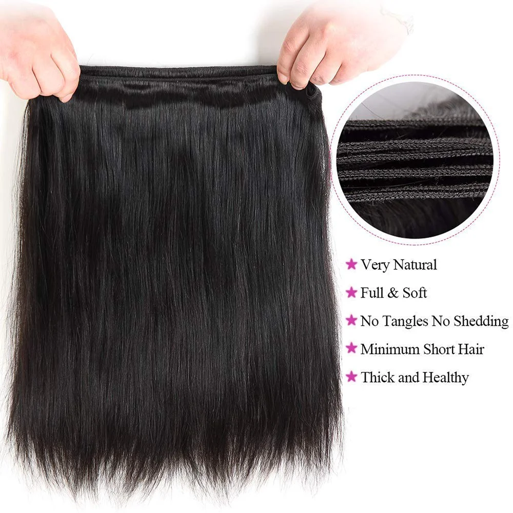 Bundel lurus dengan penutupan hitam alami Brasil bundel rambut manusia tidak diproses dengan penutup Frontal 13X4 renda untuk wanita 1B