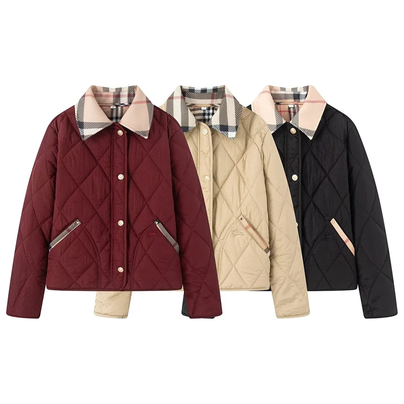 With diamond pattern, button closure, available in three colors Autumn Women's plaid collared quilted jacket, short quilted coat
