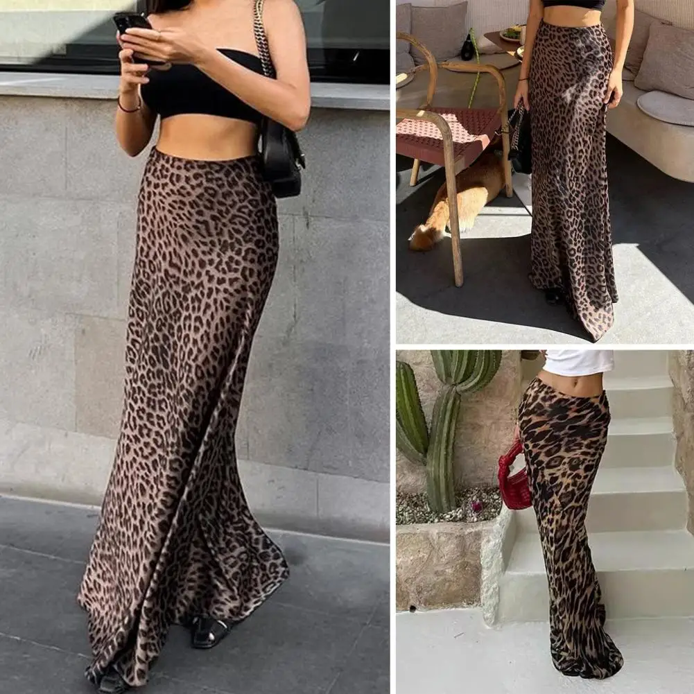 Women High-waisted Long Skirt Leopard Print Maxi Skirt High Waist Fishtail Shape Breathable Soft for Party Prom Leopard Print