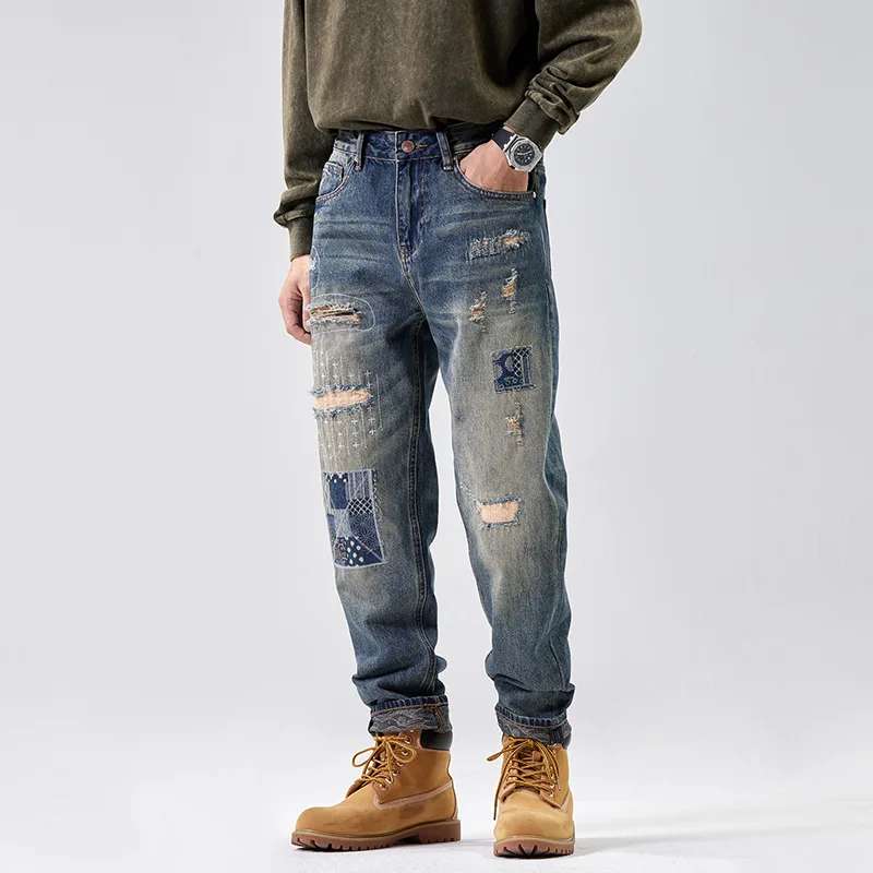 High quality harem long jeans for men big size ripped hole wash cotton denim vintage trousers new 2024 clothing - blue