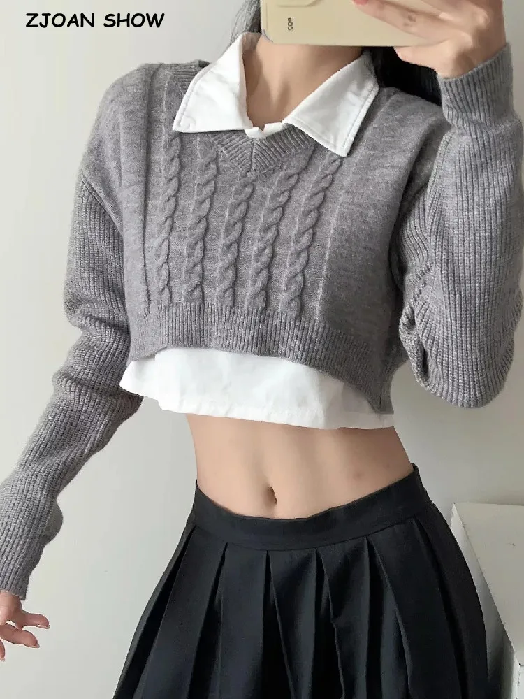 2022 Vintage V neck Knitted Twist Striped Cropped Pullovers Preppy Full Sleeve Navel Exposure Sweater High Waist Jumper