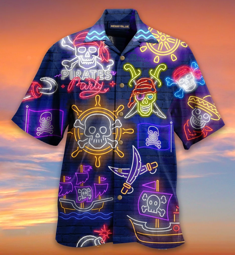 New Hawaiian Shirts Colorful Nixie Tube Pirates Printed Short Sleeve Tops for Men Vintage Shirts Plus Size Summer