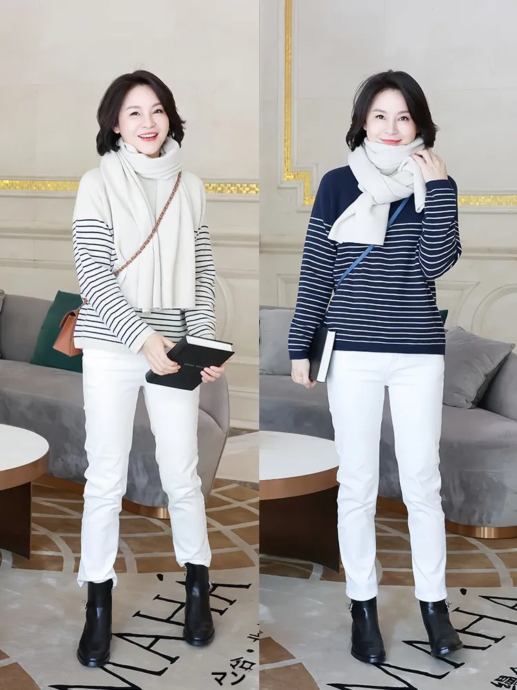 

Шерстяной кашемировый свитер в полоску с длинным рукавом и круглым вырезом I Am Capricorn Control Slim Beauty из мериносовой шерсти и кашемира