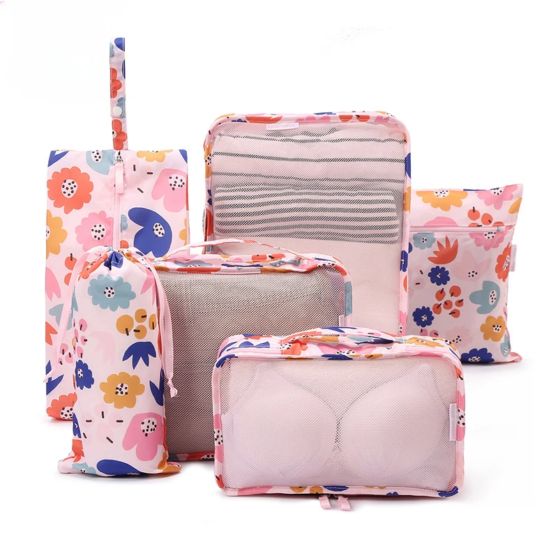 

6 Piece Flower Travel Organiser Bag Travel Clothes Shoes Organiser Bag Portable Luggage Storage Bag Makeup Bag Luggage Organizer