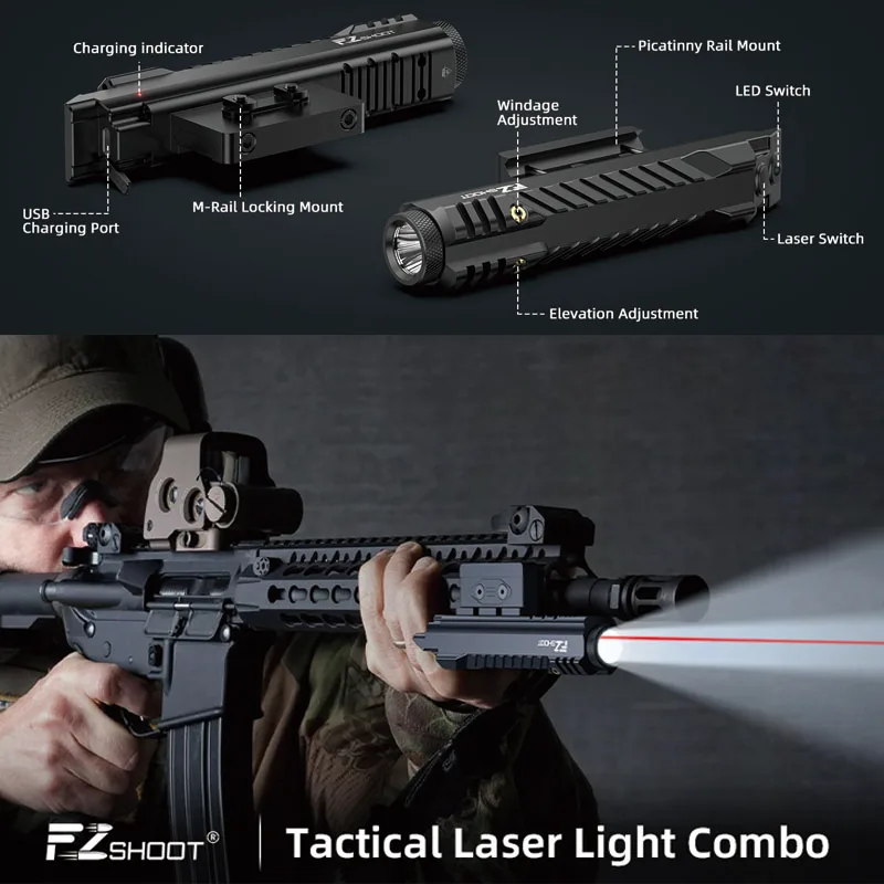 

EZshoot 2400 Lumens Rifle Laser Light Combo Rechargeable For Picatinny and M-Rail Tactical Red Light Laser With Strobe Mode