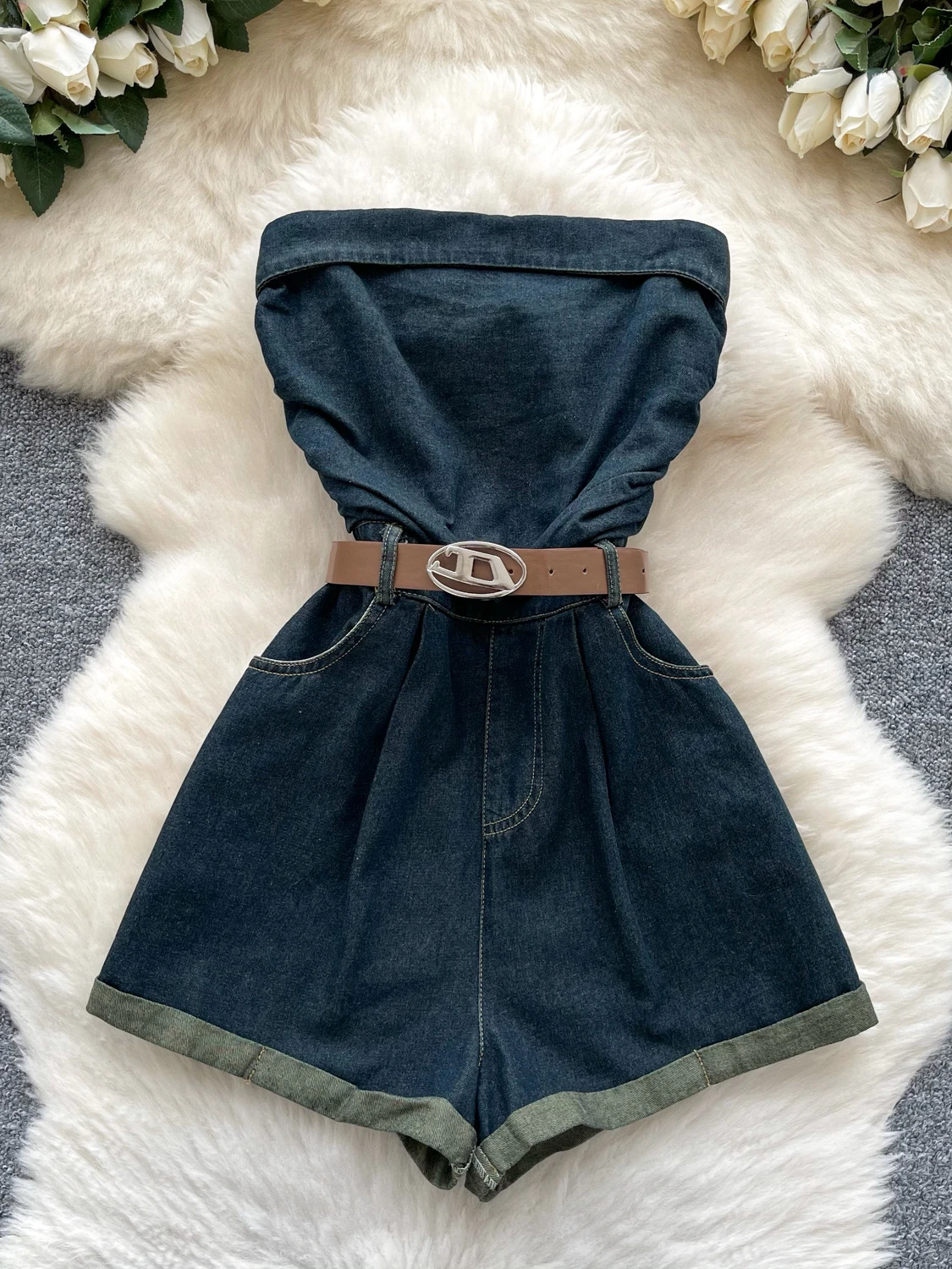 

Chic Summer Off-oulder Svel Rer Women's Small Size with Belt Waist Cinching Casual Denim orts High Waist Straigh...