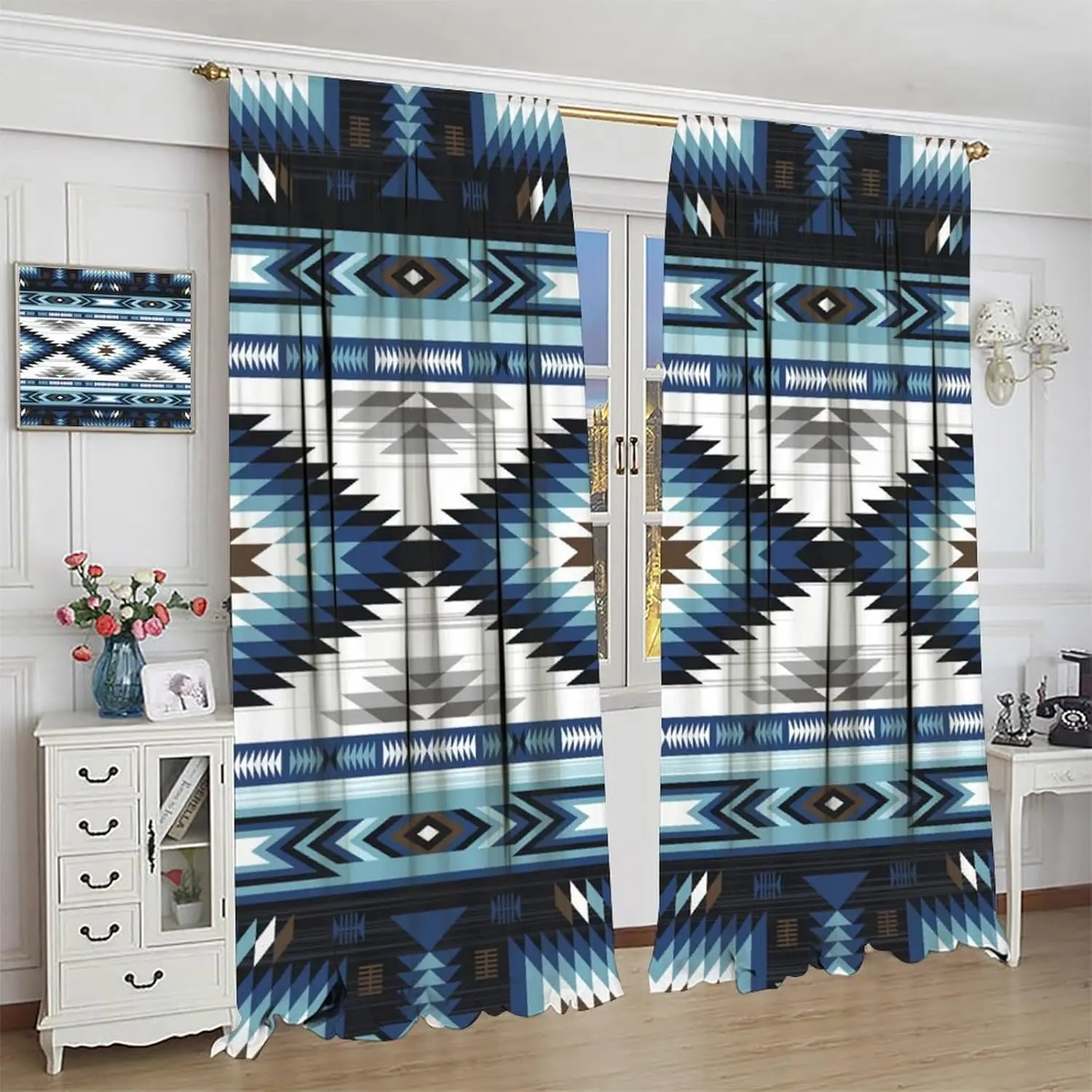 Aztec Curtains Vintage Native Western Ethnic Tribal Navajo Blue Abstract Geometric Brown Pattern Blackout Window Drapes Bedroom