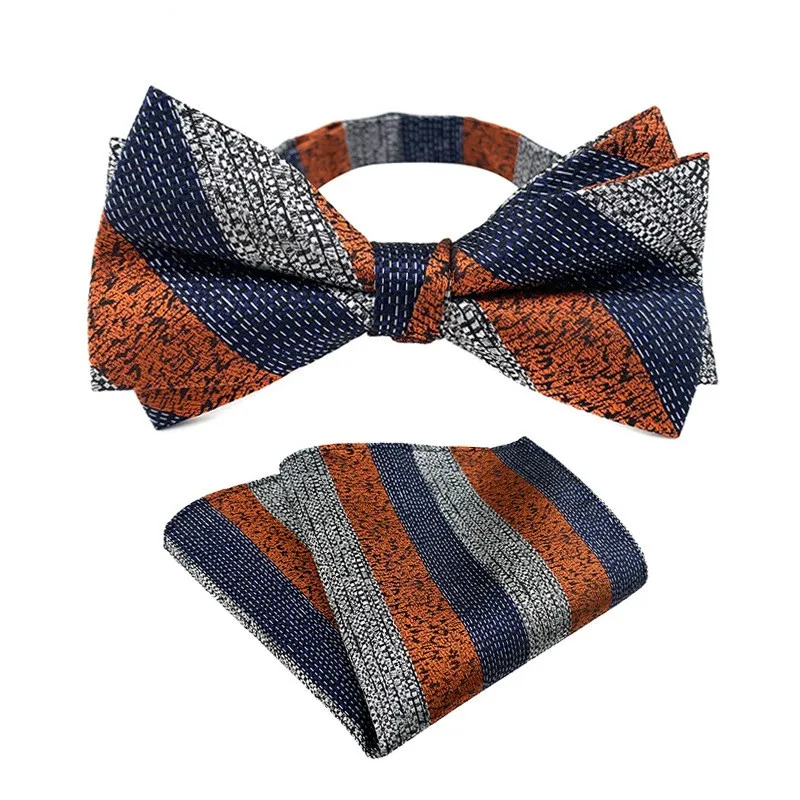 Moda męska Bowtie Hanky zestaw pan młody Gentleman paski krawat chusteczka do kieszeni chusteczka wesele Biwtie dla mężczyzn