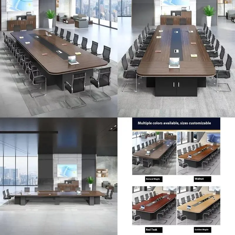 Round Edge Spliced Conference Table Office Desk with Built-in Cable Box Multiple Wood Colors