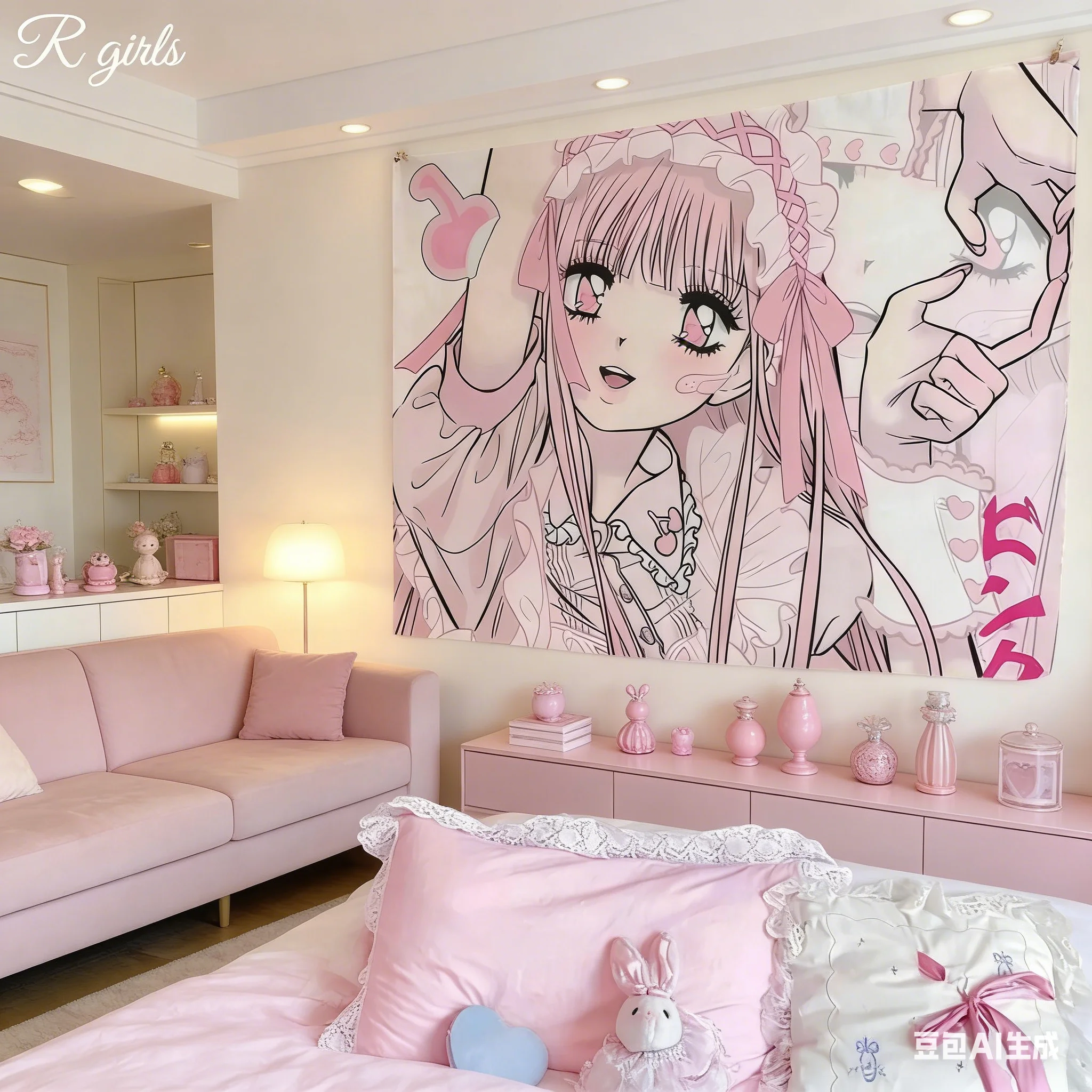 1pc Pink Anime Lolita Girl Tapestry, Cute Manga Wall Hanging, Polyester 2D Print, Kawaii Room Decor for Bedroom, Gift for Anime