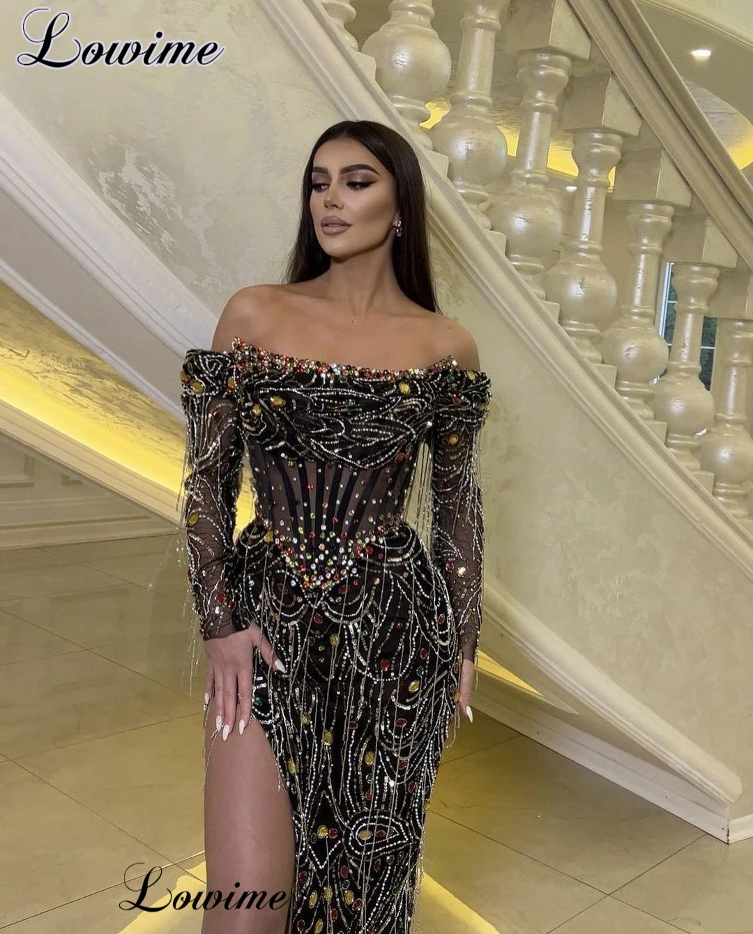 Luxury Heavy Handmade Prom Dresses With Side Slit Off Shoulder Crystals Cocktail Dresses Vestidos De Cóctel Celebrity Dresses