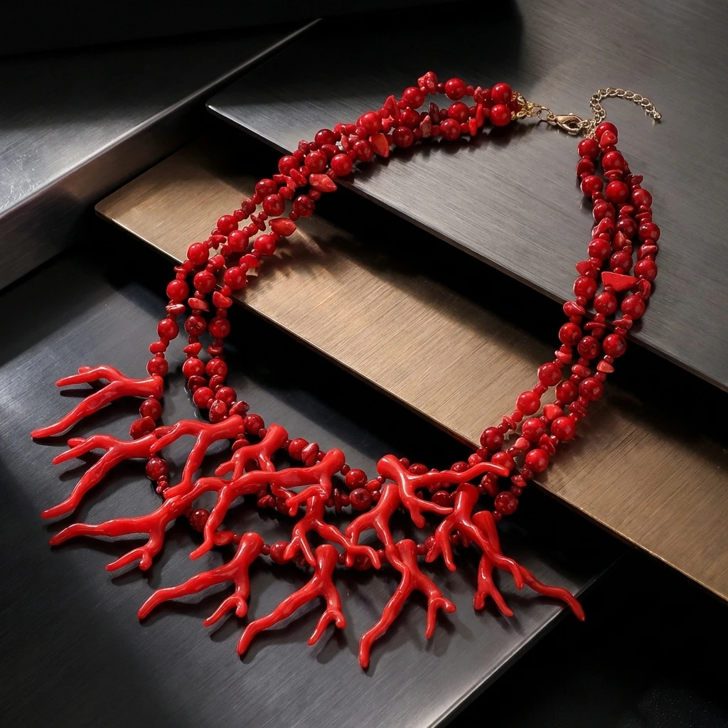 Exaggerated Red Coral Multi Layer Necklace for Women Bohemian Irregular Stone Beaded Choker Chain Vacation Party Jewelry Gift