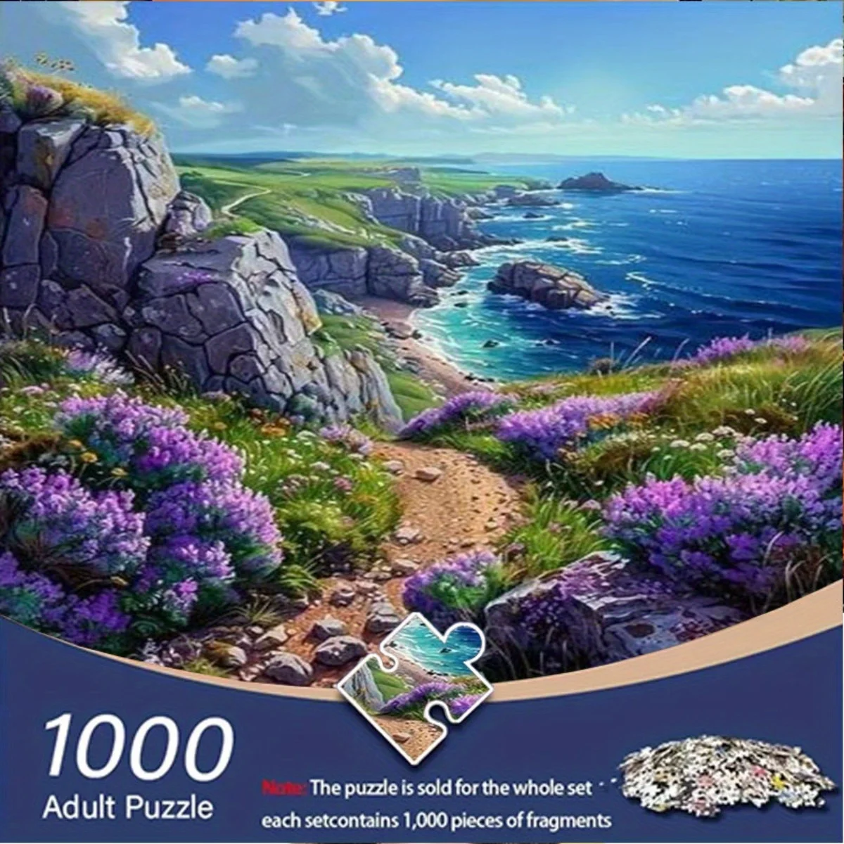 จิ๊กซอว์ภาพศิลปะแนวธรรมชาติสำหรับผู้ใหญ่ ลายหน้าผาชายทะเลพร้อมดอกไม้สีม่วง เกมเสริมสร้างสติปัญญา ของเล่นตกแต่งบ้านเพื่อการพักผ่อน