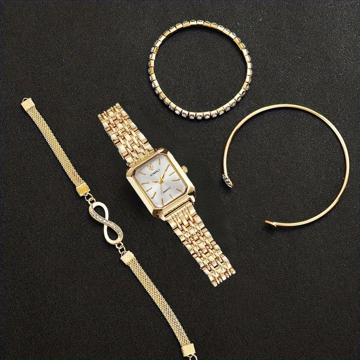 4 قطع أطقم ساعات نسائية مجانية 3 قطع أساور للسيدات ساعات كوارتز مربعة من الفولاذ المقاوم للصدأ باللون الذهبي #6