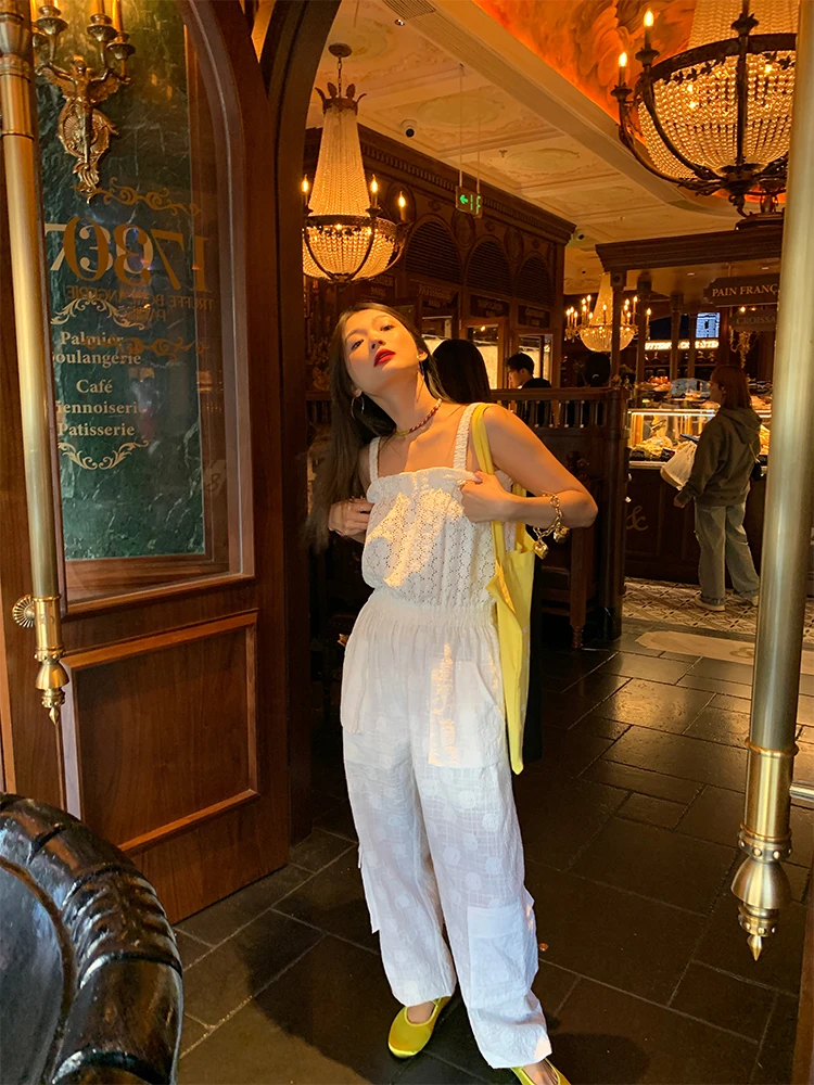 

Faionable One-Piece Lace Rer Suit Women's ature White 2024 New Summer Original Design Embroidered Mid-Waist Wide-Leg...