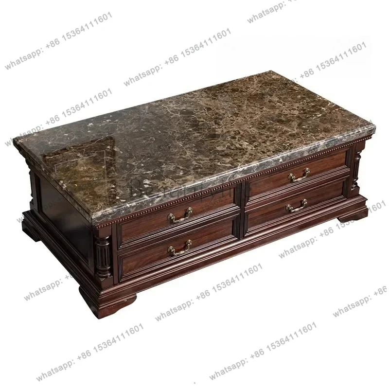 

Marble coffee table all solid wood American retro luxury with drawers storage rectangular locker