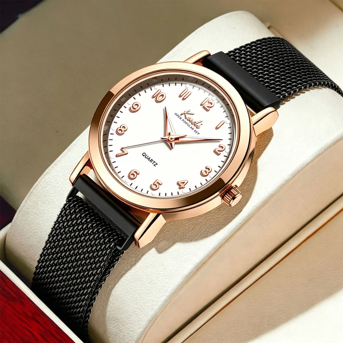 KUDI Original Women's Watch Fashion Milanese Mesh Rose Gold Casual Minimalist Digital Luminescent Wristwatch
