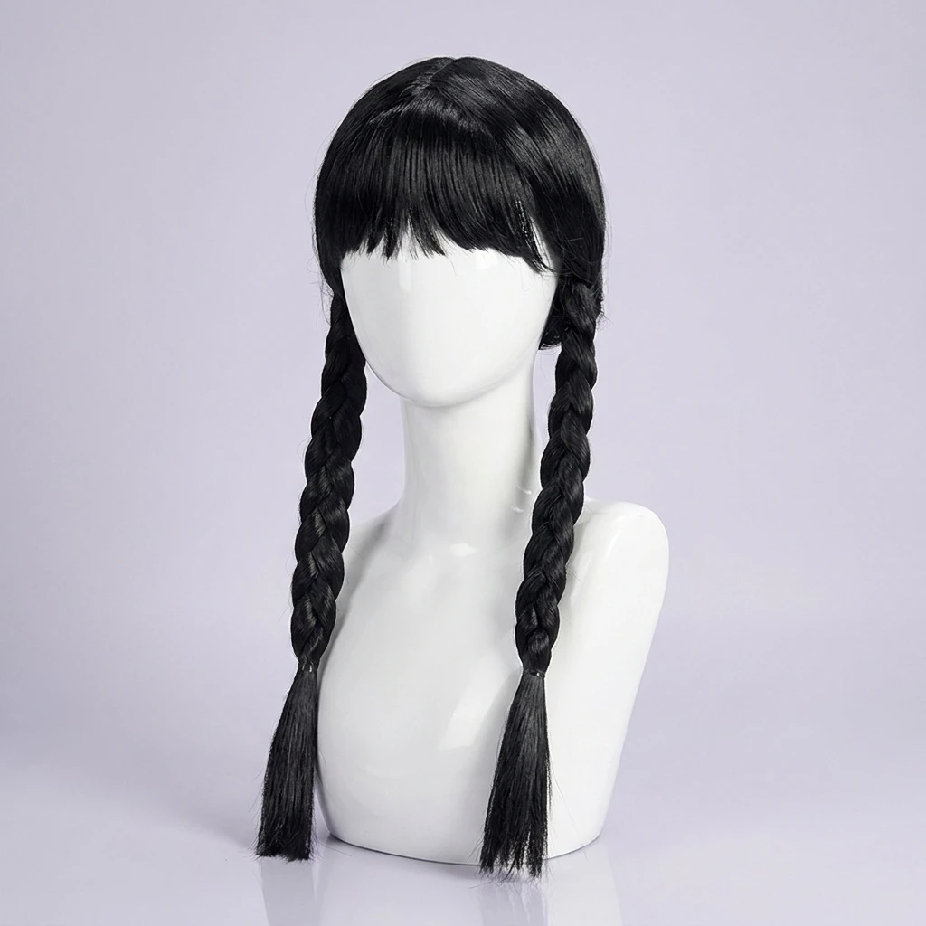 

Long Black Braided Wig with Bangs Synthetic Double Pigtails Hairpiece Costume Wigs for Girls Halloween Gothic Cosplay Party