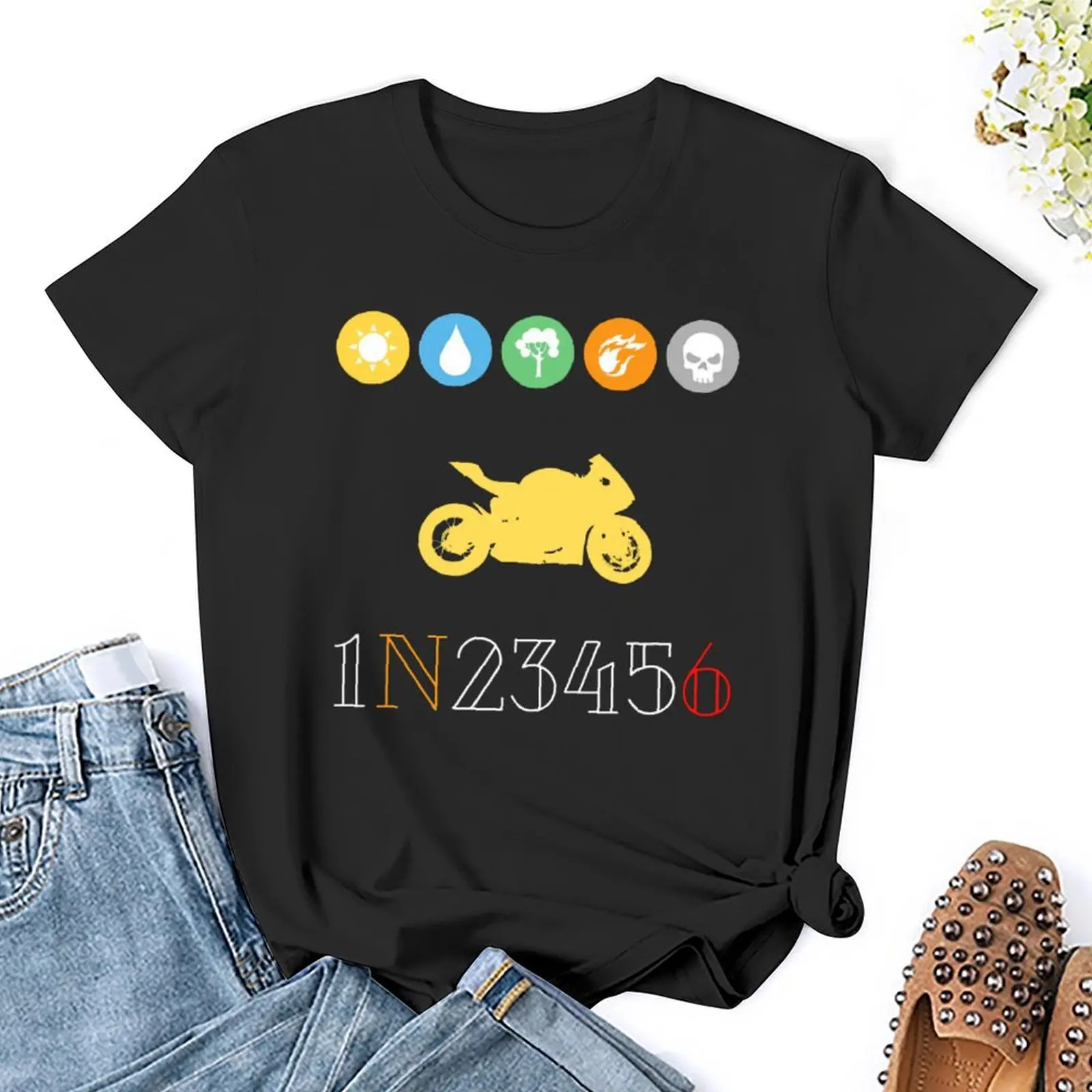 SUPERBIKE Gear Shift 1N23456 Black with Skull And Tshirt Creative T-shirt Crewneck  Sport  Graphic Travel