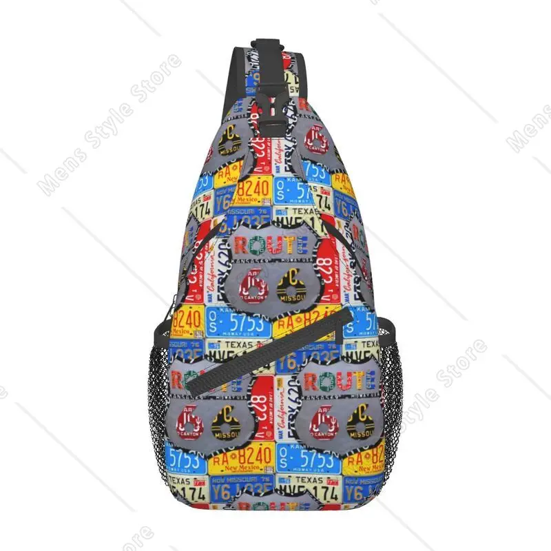 

Fashion Route 66 License Plate Art Sling Bag for Travel Hiking Men American Road Crossbody Chest Backpack Shoulder Daypack