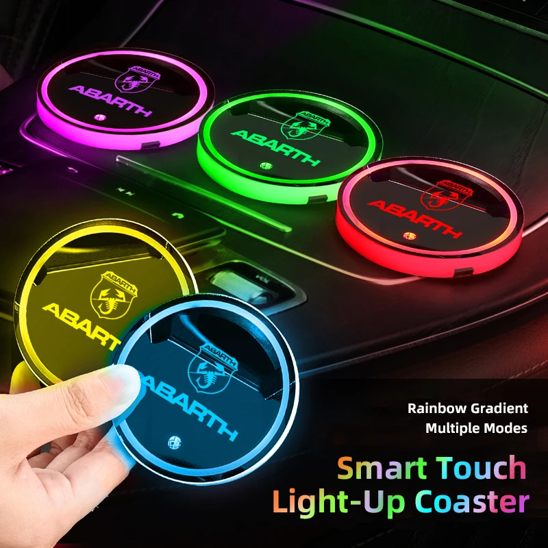 Posavasos LED Luminosos para Coche Fiat, Alfombrilla para Vasos con Luz, para Fiat Abarth Punto Panda Stilo Freemont, Posavasos con Carga USB y Llavero