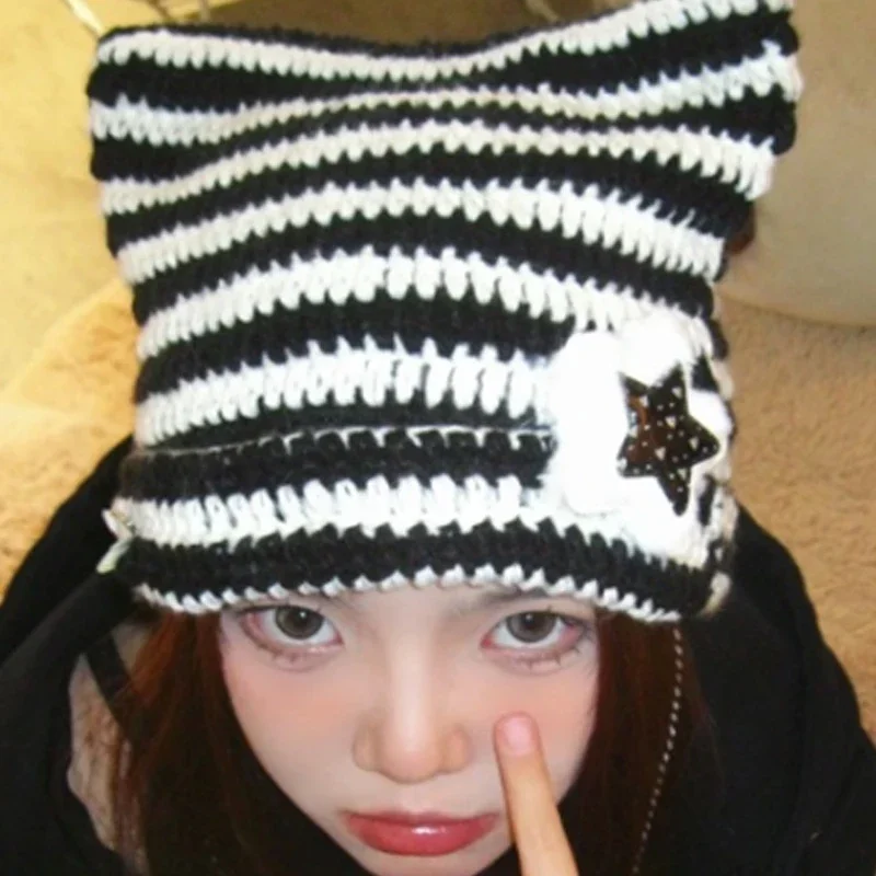 Y2K Cute Pentagram Knitted Hats for Women Korean Cat Ear Striped Knitted Beanies Autumn Winter Warm Woolen Plush Pullover Caps