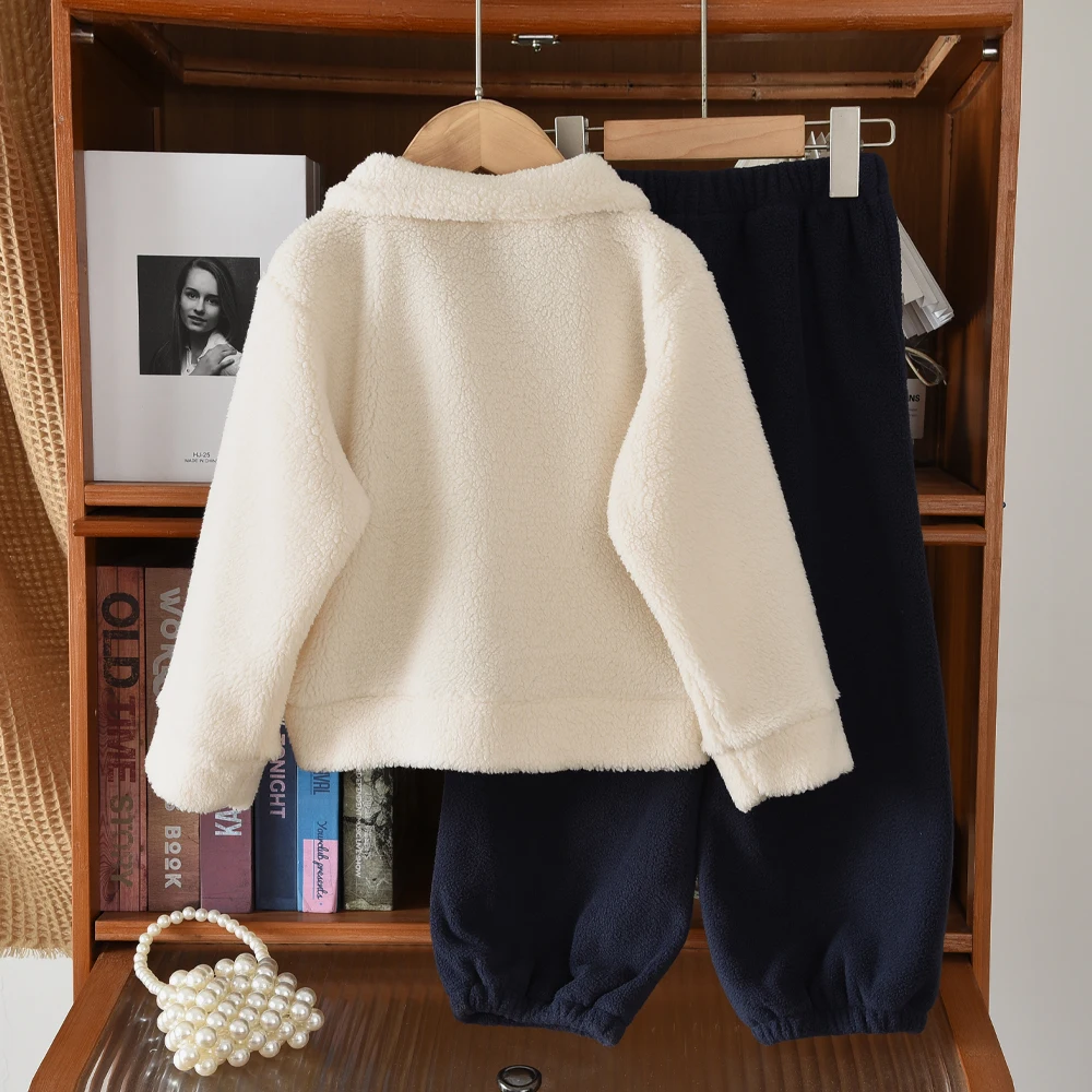 Autumn Winter Fashion Casual Warm Girls Clothes Spring Beige Stand Up Collar A-line Fleece Jacket + Navy Blue Pants 2-piece Set