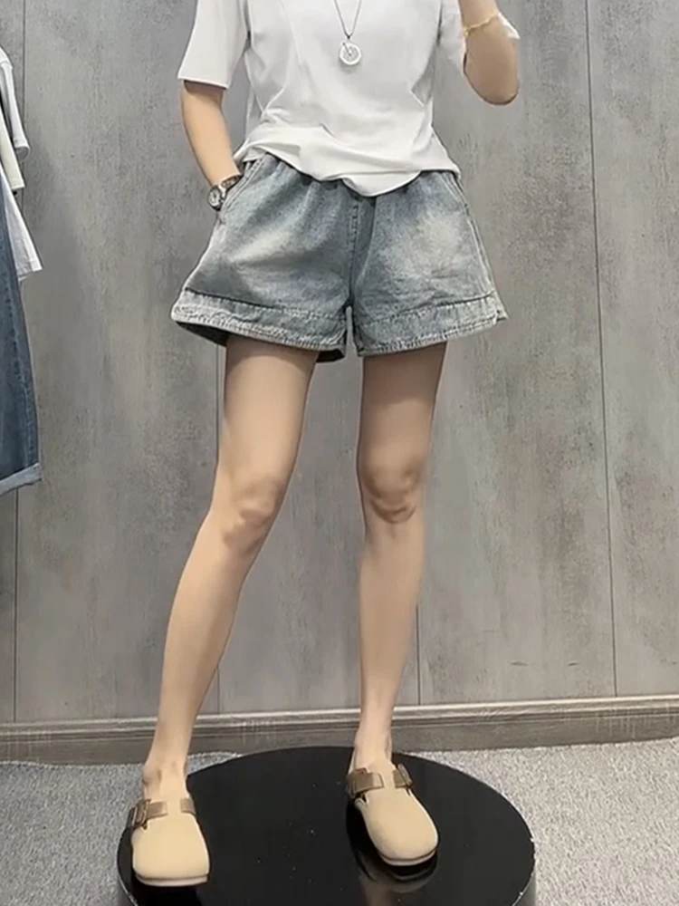 

Loose Wide Leg Straight Cut Elastic Waist Skinny Jeans Shorts Women's Summer Thin Denim High Waist Light Color Short Pants