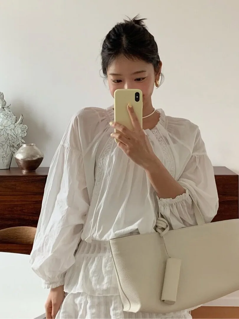 Chic Sweet Heavy Embroidery Lace Patchwork Pleated Bubble Sleeve Shirt Women's Top Korean Style Spring Autumn Winter Blouse