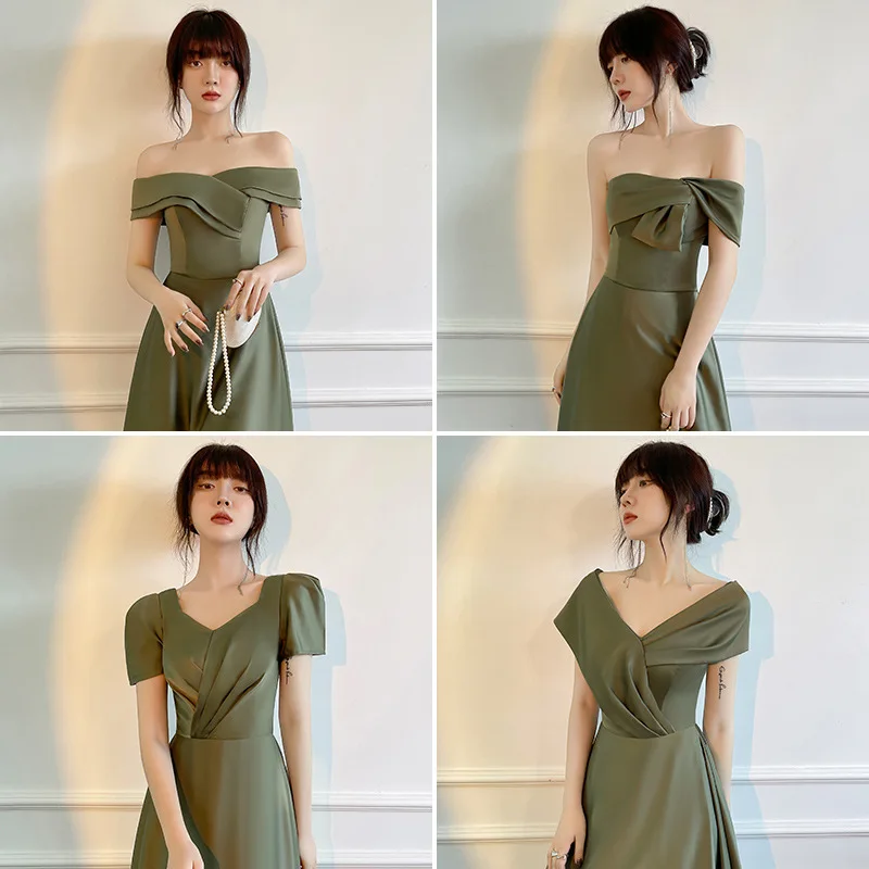 Elegant 4 Styles Grayish Green Bridesmaid Dresses 2023 New Women's Solid Satin Bow Design Backless Wedding Party Guest Dress