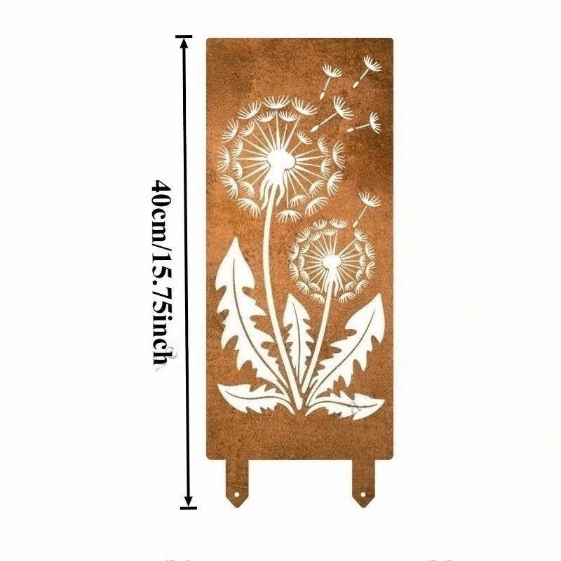 A Natural Rusted Metal Dandelion Flower Metal Garden Screen, Rustic Steel Outdoor Partition, Modern Fence and Yard Privacy Panel