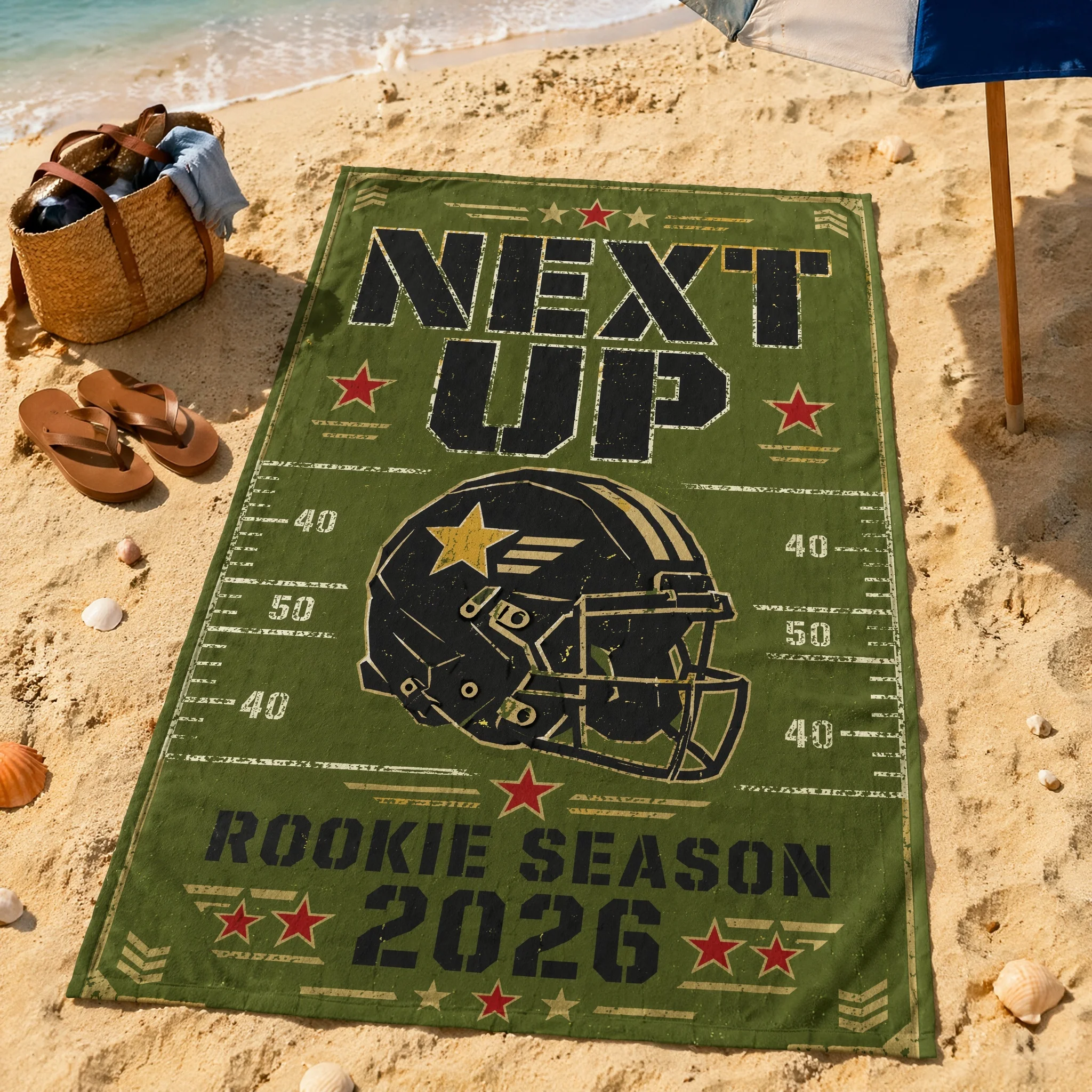 Army Green Rookie Football Retro Print Beach Towel, Suitable For Beach, Swimming Pool, Vacation, Unique Holiday Gift - view 4