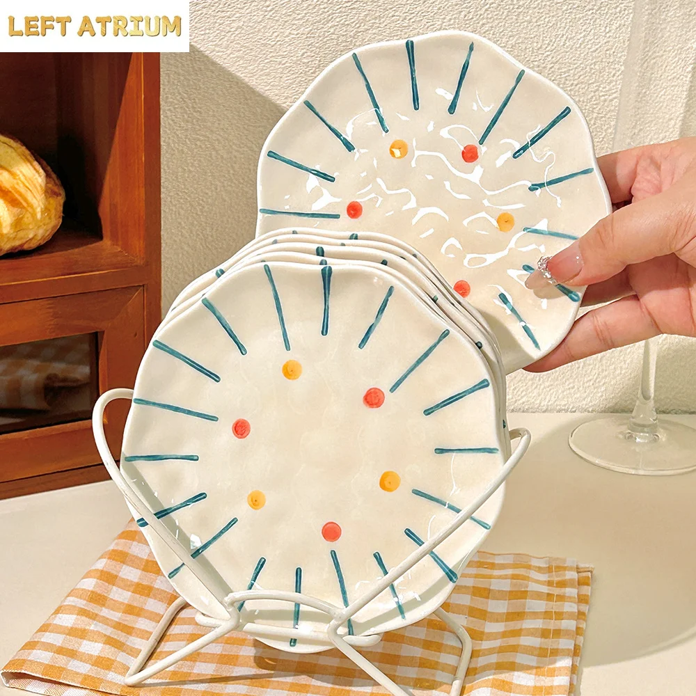 

6Inch Small Ceramic Plate Scalloped Radial Stripes Colorful Dot Pattern Snack Dish Dessert Cake Porcelain Plates DiningTableware
