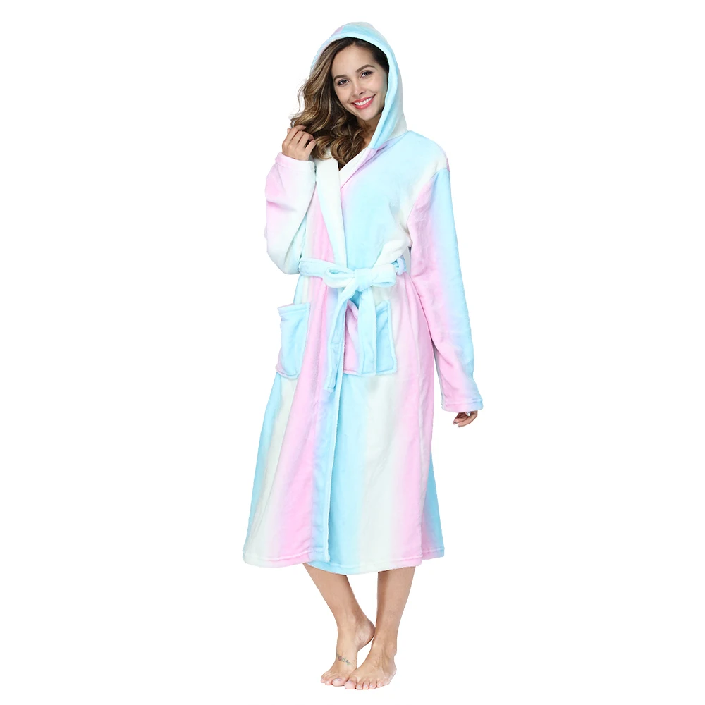 RONGTAI Womens Rainbow colored Flannel Bathrobe Ladies Fleece Plush Warm Long Robes Fleece Nightgown Sleepwear