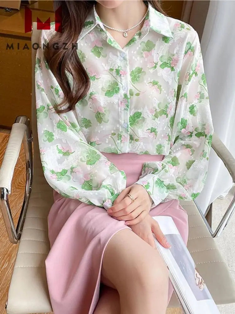 2023 Autumn New Jacquard Turn-down Collar Long Sleeve Loose Shirt Women's Chiffon Printing Office Vintage Clothing Tops Fashion