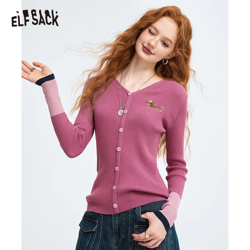 ELFSACK 2024 Winter New Arrivals V-neck slim fit contrasting long sleeved knitted sweater for women, vintage commuting top