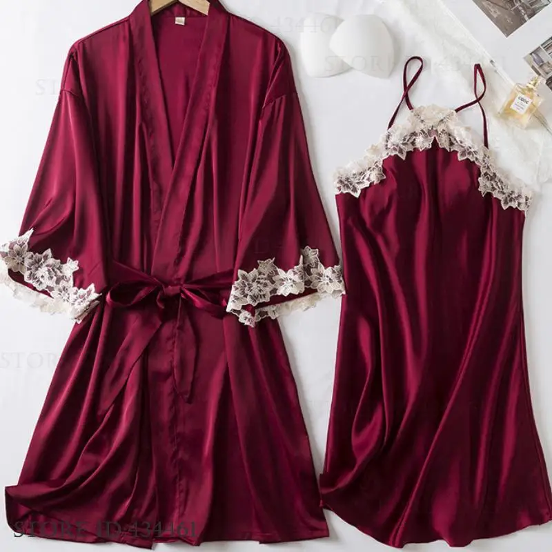 

Embroidery Lace Wedding Robe Home Dress Sexy Bride Kimono Gown Bathrobe Summer Silky Satin Sleepwear Nightgown Women Loungewear