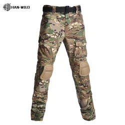 HAN WILD Men's Tactical Pants + Pads Casual Multi Pockets Wear Resistant Men Clothes Airsoft Trousers Hiking Pants Camo Clothing