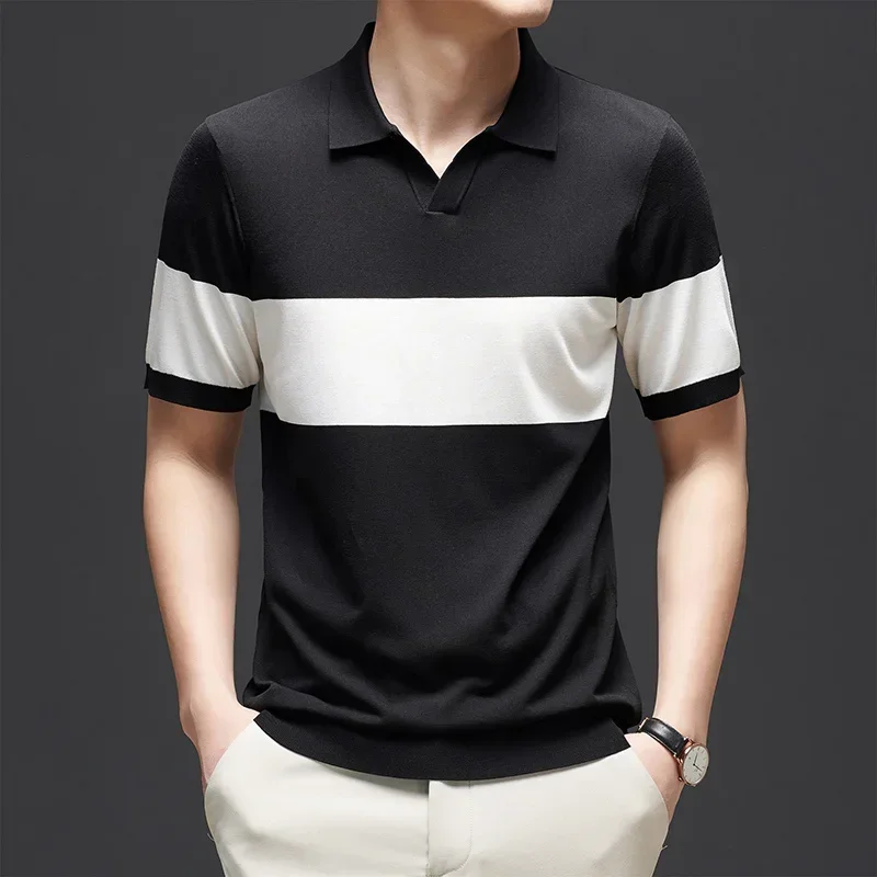 2024 Contrast Color Knitted Summer Men's Polo Shirts Luxury Short Sleeve Seagull Collar Business Casual Male T-shirts Man Tees