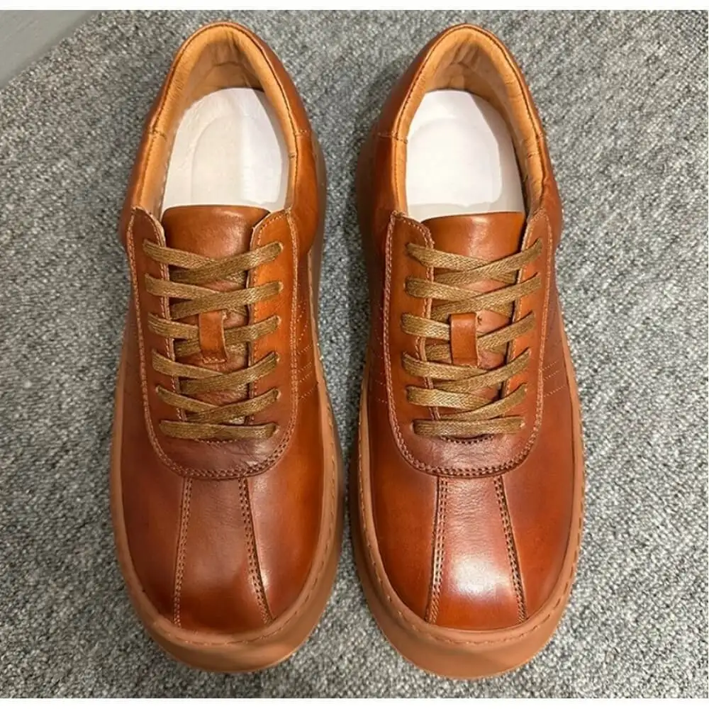 Caramel Brown Burnished Leather Platform Sneakers, vintage style with thick sole