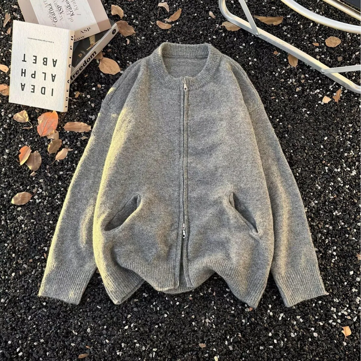 ay Cardigan à fermeture éclair pour homme Faion automne pull tricoté double ouverture vintage japonais Sle Long Sve coupe régulière Crew...