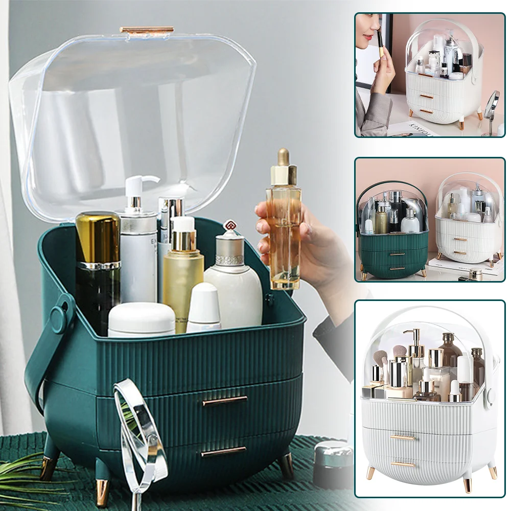 منظم مكياج سطح المكتب، صندوق تخزين مستحضرات التجميل الشفاف، مقاوم للغبار، حاوية مكياج ذات سعة كبيرة، منظم مجوهرات
