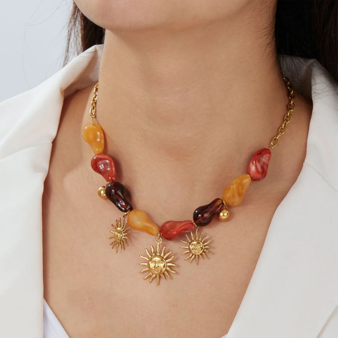 Vintage Colorful Resin Bead Chain Necklace Bracelet Sets for Women Stainless Steel Sun Flower Pendant Jewelry Set Party Gift