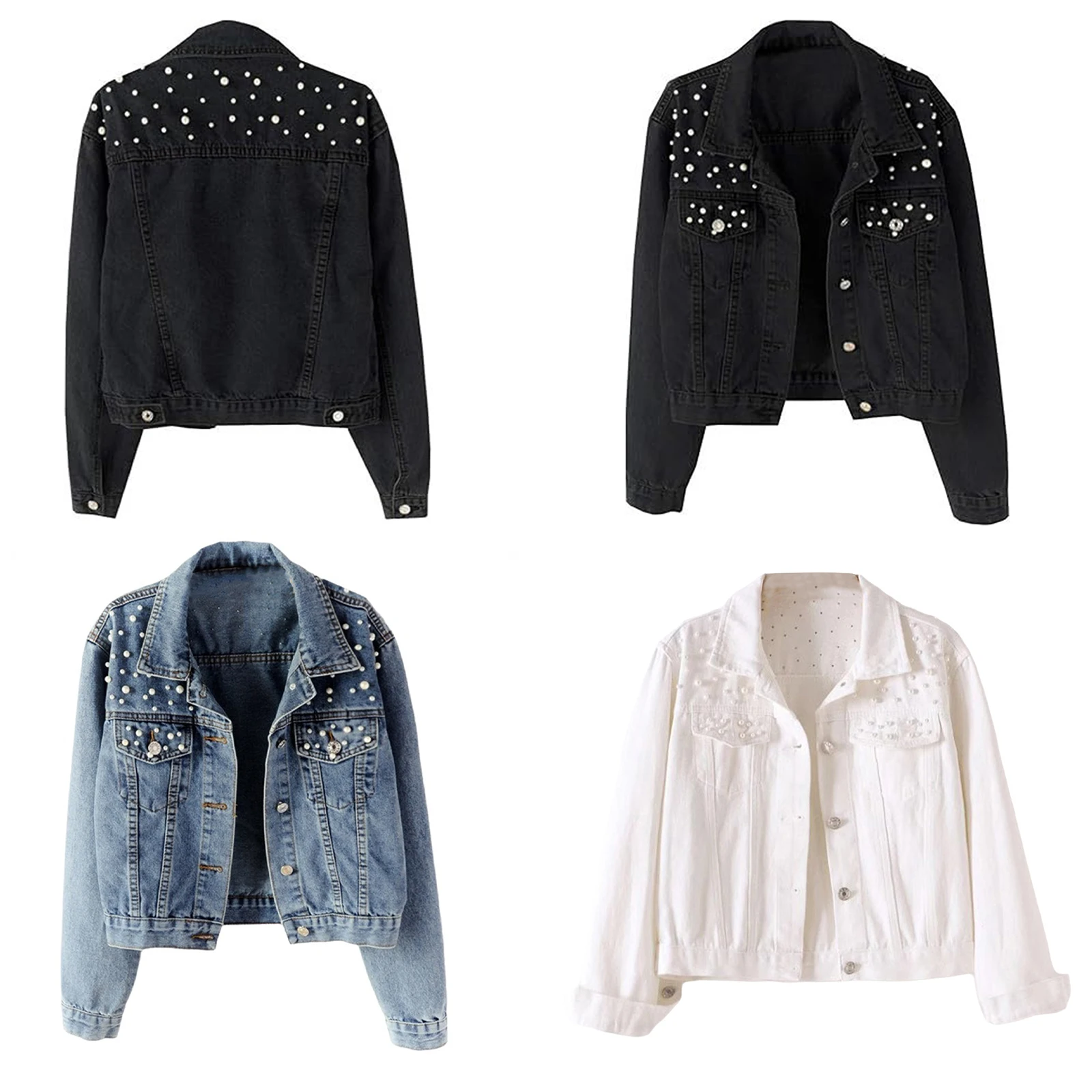 

Women Faux Pearls Denim Jackets Fashion Long Sleeve Single-breasted Chest Flap Pockets Cropped Outerwear for Daily Causal Wear
