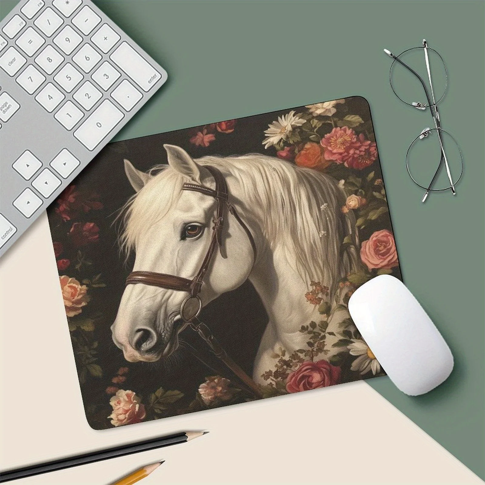 The White Horse flower mouse pad anti-slip rubber base is suitable for offices and gamers to use for high-definition printing