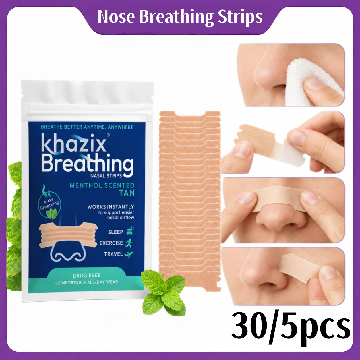 30/5pcs Mint Scented Nasal Strips, Comfortable Nose Breathing Strips for Sleep, Sports and Travel, Unisex.