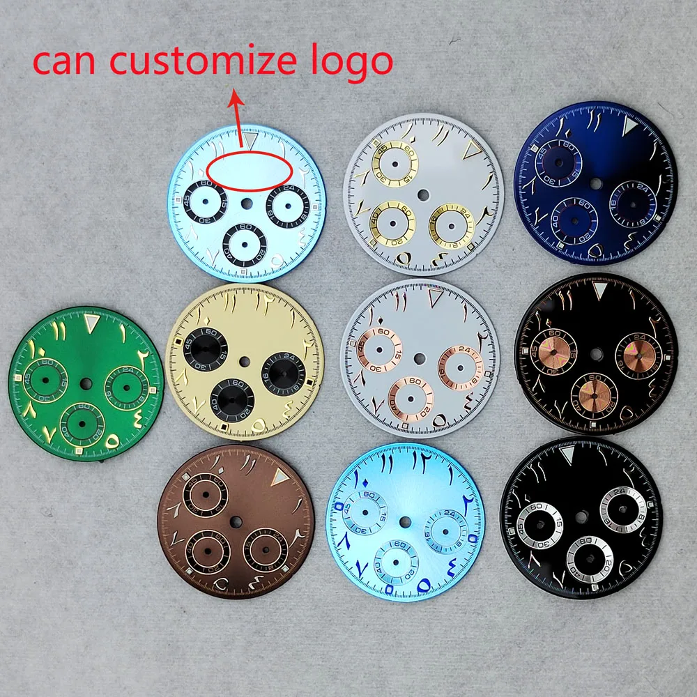 قرص VK63 مقاس 29.8 مم ذهبي وأخضر وأزرق ثلجي ومقياس عربي مناسب لساعة كرونوغراف بحركة كوارتز VK63 شعار مخصص #1