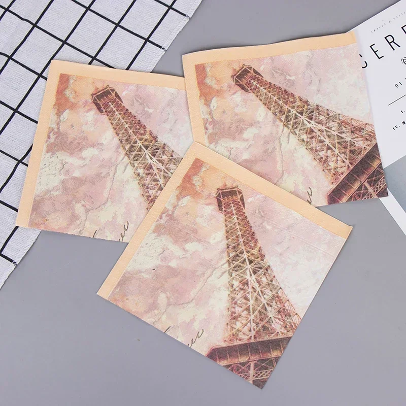 20pcs/Pa 2-Ply 33*33cm Color Eiffel Tower Printing Napkins Square Paper Party Wedding Wine Glass Folding Paper Placemat Cheap