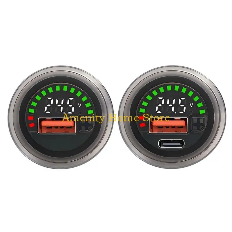 F26C Round Panel-Mount Direct-Current Voltmeter with Digital LED Readout, 7-30 V Input and Integrated USB-A Port for Batteries