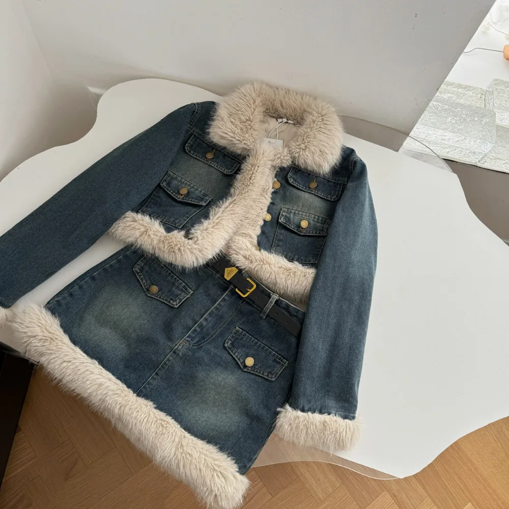 Neploe Advanced Korea Chic Denim Fur Patchwork Set Coat High Waist A-line Bodycon Slim Skirt French Harajuku Commuter Suit Falda